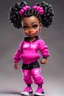 Placeholder: Create an airbrush image of a curvy chibi cartoon black female wearing a hot pink jogger set and black sneakers. Prominent make up with hazel eyes. Extremely highly detailed bantu knots