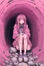 Placeholder: Anime girl crushed inside claustrophobic really in tunnel with digestive juices. sit pose, fullbody, serius, tears, Junji Ito style, pink tones, pastel tetradic colors