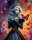 Placeholder: Masterpiece art amazing art picture in Luxurious colorful fractals sharp colors,vibrant colors,neons colors standing pose sweet pose a vampire queen gothic hair silver, golden shiny adorned,in fractals outside ,fractals colorfull, full of flowers,butterflies,leaves in outside fractals background