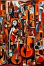 Placeholder: A dark orange color metropolis made out of jazz instruments painted by Pablo Picasso