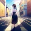 Placeholder: anime girl walking down a yellow brick road, shooting a recurve bow with arrow , road signs, arrows, direction into the street, back facing