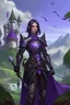 Placeholder: Female human paladin with short layered black and purple hair and purple eyes standing on a hill wearing an outfit made of silver plating and dark purple leather holding a longsword with runes on it with one hand and a kite shield on her back. the background is a forest and a castle in the distance