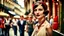 Placeholder: A woman in a beautiful 1920s flapper dress, standing in a busy street of Prague, Czech Republic, surrounded by iconic Baroque architecture, contrasting vintage feel with modern hustle, vibrant colors, classic red lipstick, feathered headband, captured in a dynamic shallow depth of field with a tilt-shift lens, cinematic lighting reminiscent of classic Hollywood films, vintage film grain overlay for a timeless aesthetic