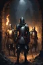 Placeholder: group of knights with torches exploring a dark dungeon filled with traps and old ruins, classical 1800s keith parkinson artwork style, portrait
