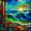 Placeholder: scattered broke colorful glass window by swirlling curling Ocean waves surreal
