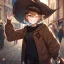 Placeholder: Clear focus, High resolution, short brown spiky hair, hair between eyes, eyes closed, wearing a brown detective hat, wearing a brown jacket and a black shirt, wearing black shorts, 1girl, pulling hat down, smiling, wearing a oversized hoodie