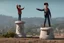 Placeholder: The boy is standing on a stylized podium, raising his right hand victoriously in the air, with his fingers forming a "V" sign. His left hand holds a symbolic representation of his achievement, which could be a miniature golden cup, a shining star, or any object that reflects the context of the competition or event.
