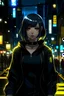 Placeholder: cute anime cyberpunk girl with dark medium-length hair, yellow eyes, wearing dark, tight, clothes standing on the streets of tokyo at night