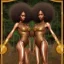 Placeholder: Biologically Female sexy African American Twins, black skin, tall and slender, long afro kinky hair,big brown eyes, long eyelashes warrior wear. Big butts. Gold accents on clothing. Surround by trees. Holding golden spears. Starry night