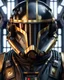 Placeholder: star wars bald male corellian pilot wearing dark gunmetal grey and black First Order special forces TIE pilot armored flightsuit and helmet with gold trim inside the jedi temple, centered head and shoulders portrait, hyperdetailed, dynamic lighting, hyperdetailed background, 8k resolution, volumetric lighting, light skin, fully symmetric details