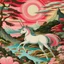 Placeholder: A pink magical realm with a unicorn designed in Navajo yarn painted by Utagawa Hiroshige