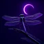 Placeholder: close up portrait from a robotic biomechanical dragonfly with tiny neon lights perches on a biomechanical flower, set against a backdrop of a blurred tiny made metallic crescent moon in a dark purple-black sky. perfect dragonfly body, Both the dragonfly and flower are silhouetted against a pale crescent moon. The overall tone is dark, distopic, dreamlike imagery atmosphere, ethereal silver abstractions, background quantum wavetracing, pale World Wide Web pale thin threads patterns, sci-fi moo