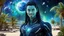 Placeholder: beautiful gorgeous young man na'vi with long hair, Avatar, blue skin, two small ears, green eyes, black hair, in cosmic suit, galactic ambiance, medium pointy goatee , smiling, with spaceship and planets and palm trees and clear crystaline cosmic beach in background