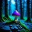 Placeholder: "Close up of a wonderful tiny Mushroom Tower home. indigo and magenta with bright white, deep black and contrasting tones of gray. Illuminated bioluminescent forest. Professional painter, master at composition. small but detailed. broken, blurred background, voluminous lighting"