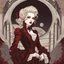 Placeholder: A mysterious and alluring vampire with pale skin, blood-red lips, sharp fangs, dressed in elegant Victorian attire, standing in front of a full moon backdrop.