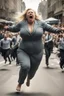 Placeholder: an obese terrified blonde woman crying and sobbing in a pant suit desperately running away from an angry mob of thousands of people chasing her down a city street while she is flailing her arms for dear life