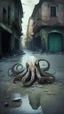 Placeholder: Alien octopus floating through ruined street