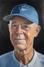 Placeholder: Baseball Cap, short mustache, Oil paint on canvas, chiaroscuro, deep shadows, masterpiece, happy, 2020 Golfing picture, head to waist, thin, gaunt, frail, 30-year-old Harold Kendall, short, buzz-cut, thinning gray hair, short mustache, blue eyes, afflicted with Parkinson's Disease, wearing a Sky blue polo shirt, with large collar khaki pants and a baseball cap, egg-shaped face, facing a quarter turn to the left, a mixture of Harry Kendall, Lee Majors, Elvis Presley, Tommy Kirk, George Reeves