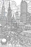 Placeholder: various architectural landmarks and cityscapes, coloring book page, simple and clean line art, adult drawing book, low details, black and white, crisp black lines, no shades, sharp lines, coloring book for adults, cartoon style, landscape