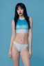 Placeholder: full body, Billie Eilish, Long, pitch-black hair, two ponytails, bangs cut straight across forehead, blue eyes, Dark, Sultry eyeshadow, eyeliner, mascara, rouge, lipstick, sky blue stained wall in the background, posing wearing an ill-fitting swimming suit