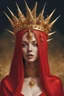 Placeholder: lady in red veils her face and has a large golden spiked crown, in the style of celestial fasion, otherworldly beauty, davide sorrenti, celestialpunk, album covers, fra angelico, aykut aydogdu, queencore, golden age aesthetics --s 750 --v 6. 0 --ar 10:13