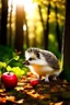 Placeholder: little pretty hedgehog in sunny forest with apple