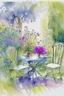Placeholder: abstract watercolour english cottage garden with table and 2 chairs in the style of jean haines, centred