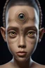 Placeholder: Plano general, hyperrealista, ultra HD, of a beautiful out of this world girl, cobriza textured skin, expanded skull, tribal joys of large eyes, almendrados, redundas and dark pupils, small noses and ancha, small nasal fosas, fine lips, pointed ears. background of the figura entorno selvático