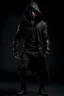 Placeholder: young human rogue in dark medieval clothing hood down full body