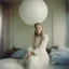 Placeholder: Old autochrome of devon aoki , white braids., ,in a bedroom, in 1901, beach balloon