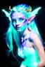 Placeholder: Bioluminescent blue avatars identify dots and patterns on their skin. Pointed elf ears, white hair, glowing blue eyes, slightly shiny blue skin.A beautiful girl with glowing golden eyes. With white decorated hair. And the whole body. And decorated dragon stones. And decorative glass trees realistic