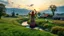 Placeholder: a lady dancing to camera in village over high grassy hills,a small fall and river and wild flowers at river sides, trees houses ,next to Ripe wheat ready for harvest farm,windmill ,an open air Handicraft exhibition,a few village local shops ,cloudy sun set sky