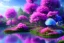 Placeholder: monde en fleurs, blue lake, flower tree-houses, concept art, crépuscule , fuksia bleu oranger, vibrant Color, réaliste, riviere bleu, tree-house bougainvillier, roses