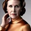 Placeholder: half-length color photo shoot, three-quarter face pose of carrie fisher as Princess Leia with realistic fine and very simple short hair, entrancing deep brown eyes, Intricate, High Detail, Sharp focus, realism, beautiful and detailed lighting, Nikon D850, ef 85mm 5.6 by Annie Leibovitz