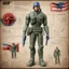 Placeholder: Plastic action figure of G.I. Joe technical schematic, pivot joint, rotational arrows, by Da Vinci, infographic illustration, colorful, american flag background textures