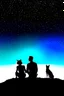 Placeholder: black background on a mountaintop and three silhouettes of a fit man, a silhouette of a fit woman, and silhouette of a Belgian malinois sitting next to the men and the woman looking at the stars