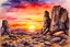 Placeholder: Sunset, rocks, mountains, rocky land, epic, watercolor paintings