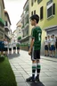 Placeholder: Cristiano Ronaldo, young boy, detailed, hyperrealistic, practicing his famous free kick stance in the streets of Madeira, Portugal. Spiky black hair, tall for his age, wearing a Sporting Lisbon jersey.