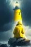 Placeholder: portrait of dead seafarer sitting in yellow raincoat on rocks beneath a unreal bright white lighthouse, storm clouds, lightening, volumetric light,depth of field, fantasy art, 4k, highly detailed, sunbeam