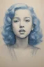Placeholder: A little girl like marilyn monroe, with long blue hair, charcoal sketch on toned paper