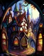 Placeholder: medieval dwarf town with stained glass window buildings fairytale rpg art