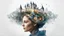 Placeholder: white background, Magic secret on the top of a woman's head, in her hair, double exposure, high resolution, fine rendering, high detail, 3D, castle on the head, fantasy, mysticism, space, flower