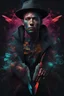 Placeholder: Dynamic ink art by alberto seveso of a full male body ,hat, handsome, wide shot, cyberpunk guns and knives, neon, vines, flying insect, front view, dripping colorful paint, tribalism, gothic, shamanism, cosmic fractals, dystopian, dendritic, artstation: award-winning: professional portrait: atmospheric: commanding: fantastical: clarity: 64k: ultra quality: striking: brilliance: stunning colors: amazing depth, cute colorful lighting (high definition)++, photography, cinematic, detailed character