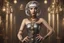 Placeholder: full body and headshot of a skinny Cleopatra, with a silver bob hairstyle, standing in a steampunk setting.