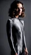 Placeholder: photography of a beautiful anorexic woman, grey satin triathlon top, brunette wavy bob haircut, flat chest, grey satin cycling leggins