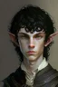 Placeholder: a teen elf, full lenght. he has curly, black hair and sharp cheekbones. His eyes are black. He wears fantasy medieval clothes. he is lean and tall, with pale skin.