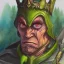 Placeholder: dungeons and dragons, fantasy, goblin, king, green skin, watercolour, large strokes, distinct face, portrait, head, crude crown