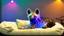 Placeholder: Fluffy Hyena sleeping comfy on a doggy bed, in a colorful and dimly lit gaming PC room, filled with neonlights, night time, atmospheric, detailed.