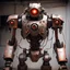 Placeholder: trash mech suit, human-sized, made of scrap metal, cockpit, light rust, round, one red glowing eye, loose wires