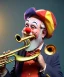 Placeholder: happy and funny old friendly clown with round head and trimmed beard playing jazz with a steampunk theme, trumpet on mouth, carnival, dreamy